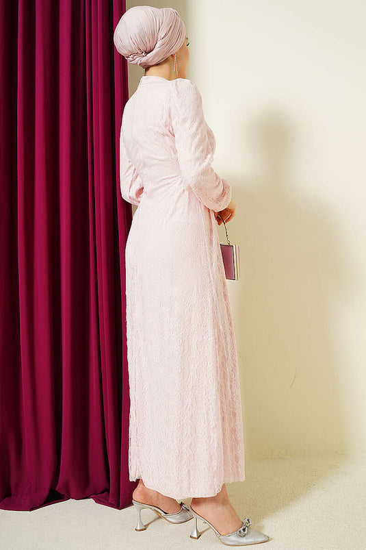 Robe de soirée en dentelle à nouer sur le côté, couleur poudre