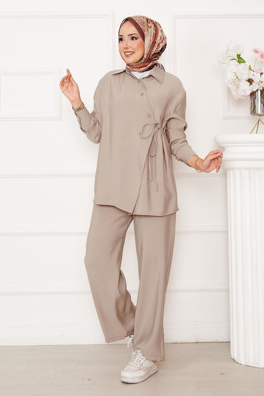 Side Tie Button Detailed Hijab Suit Beige