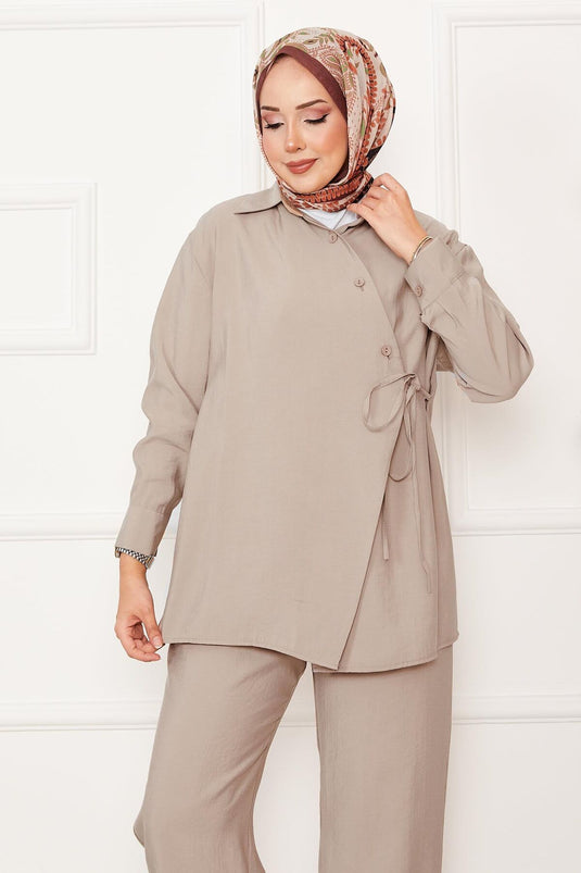 Side Tie Button Detailed Hijab Suit Beige