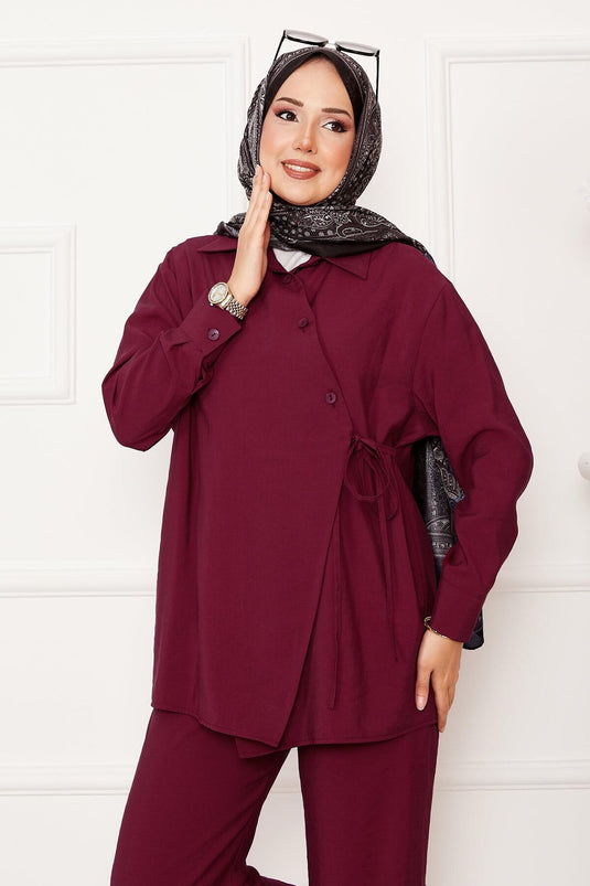 Ensemble hijab à boutons et liens latéraux, rouge bordeaux