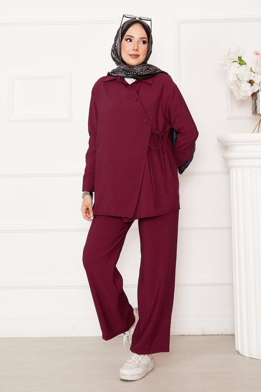 Ensemble hijab à boutons et liens latéraux, rouge bordeaux