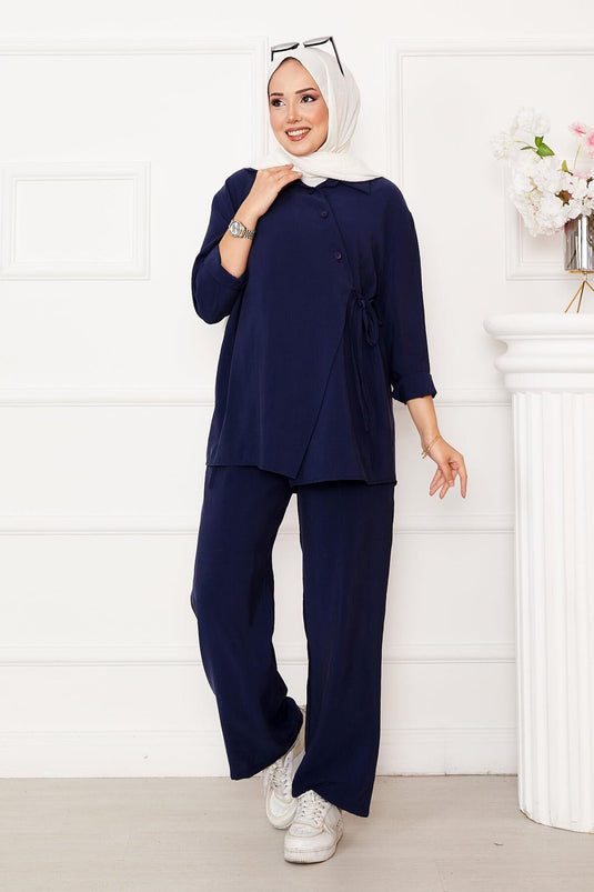 Side Tie Button Detailed Hijab Suit Navy Blue