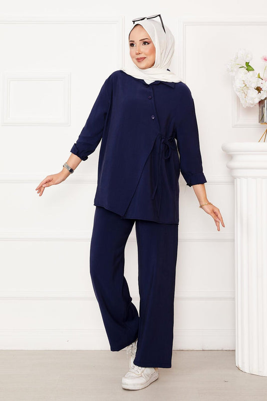 Side Tie Button Detailed Hijab Suit Navy Blue