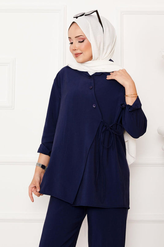 Side Tie Button Detailed Hijab Suit Navy Blue