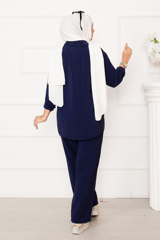 Side Tie Button Detailed Hijab Suit Navy Blue