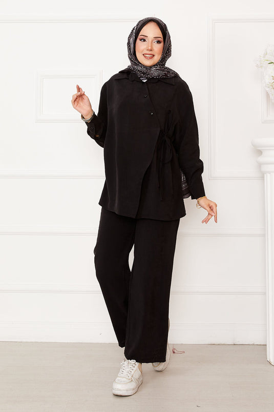 Side Tie Button Detailed Hijab Suit Black