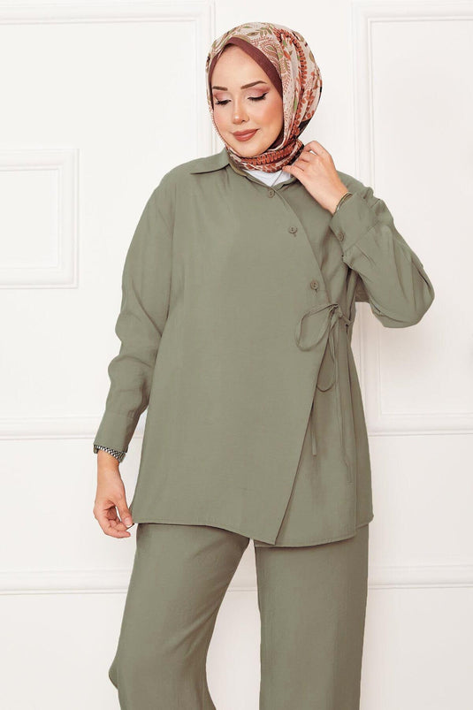Side Tie Button Detailed Hijab Suit Oil Green