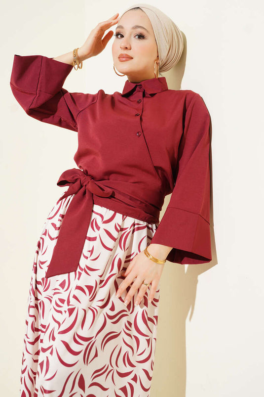 Yandan Bağlamalı Etekli İkili Takım Bordo