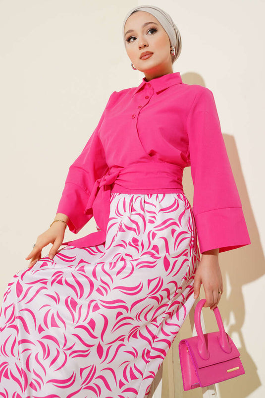 Side Tie Skirted Two Piece Suit Fuchsia
