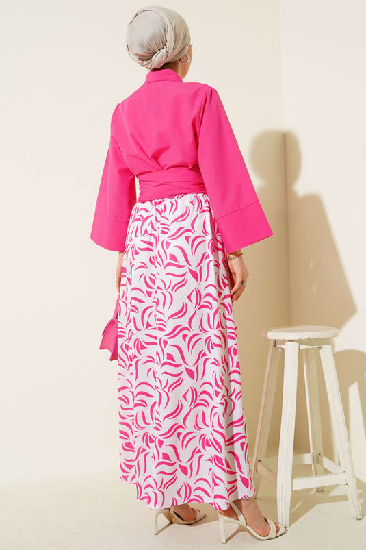 Side Tie Skirted Two Piece Suit Fuchsia