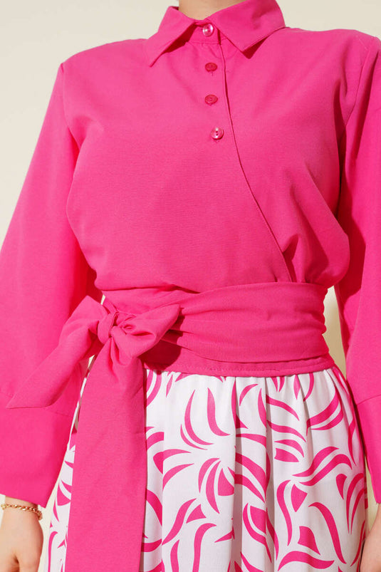 Side Tie Skirted Two Piece Suit Fuchsia
