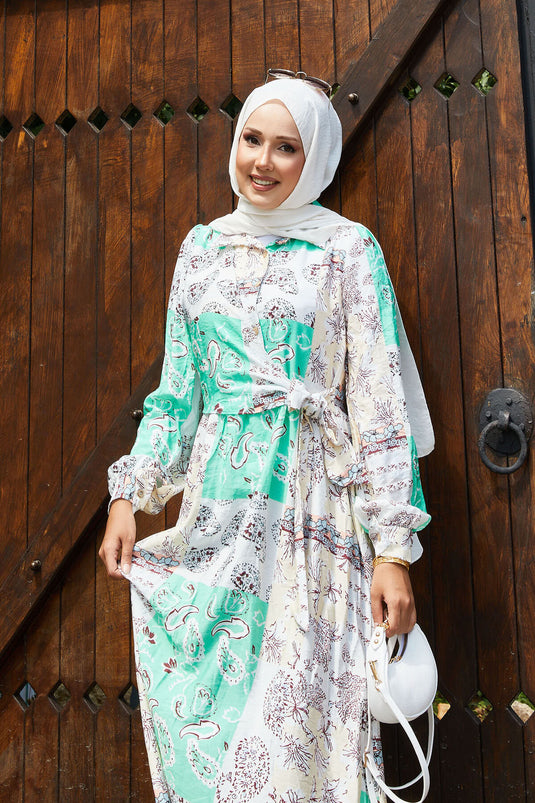 Side Tie Shirt Collar Dress Green