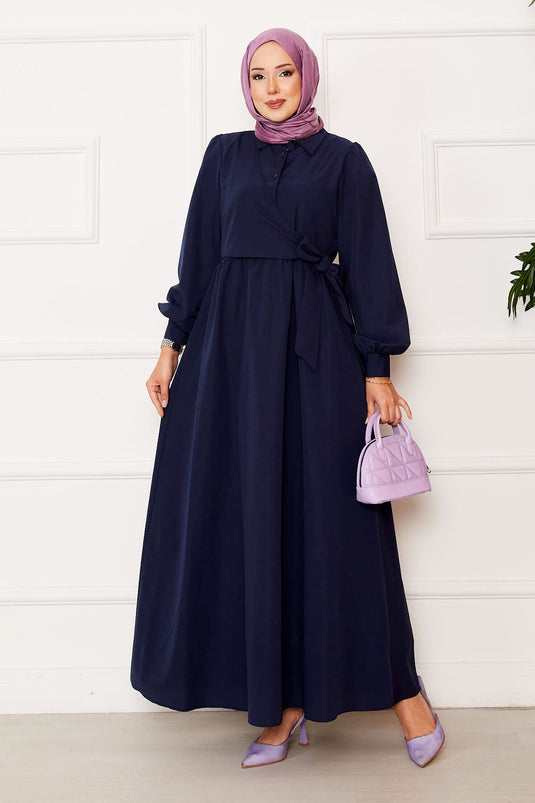 Side Tie Shirt Collar Dress Navy Blue