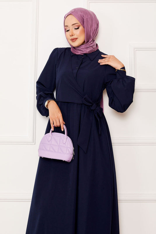 Side Tie Shirt Collar Dress Navy Blue