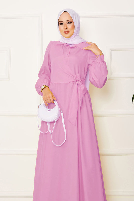 Side Tie Shirt Collar Dress Pink