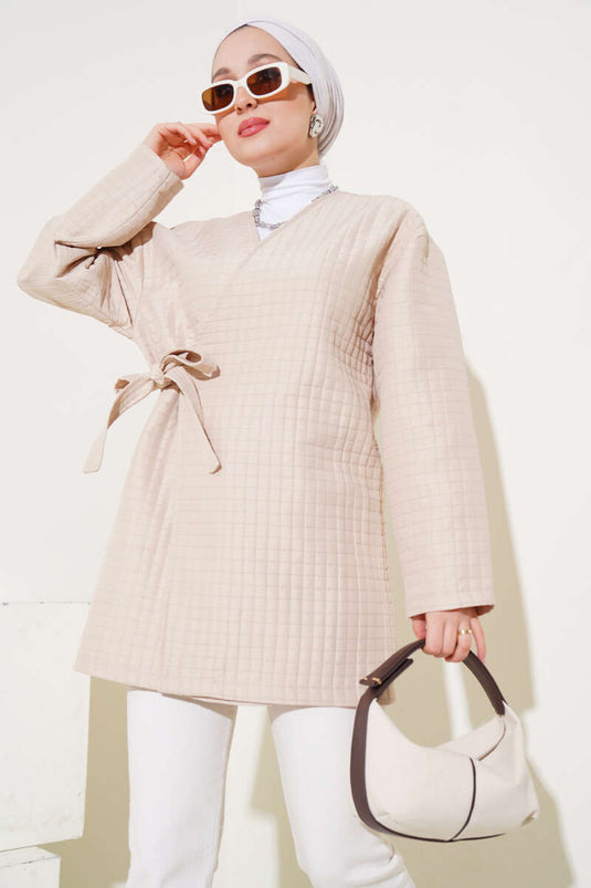 Side-Tie Quilted Kimono, Beige