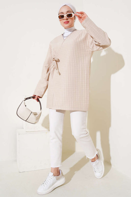 Side-Tie Quilted Kimono, Beige