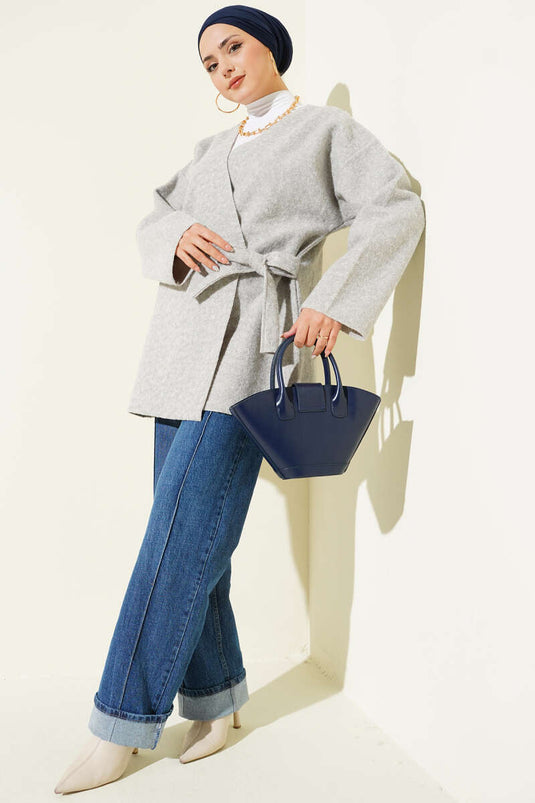 Yandan Bağlamalı Keçe Kimono Gri