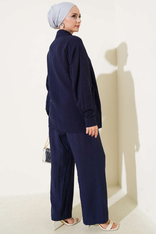 بدلة كتان من قطعتين برباط جانبي أزرق داكن