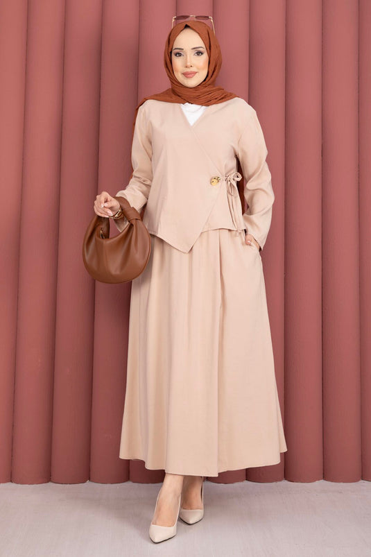 Ensemble deux pièces jupe kimono à nouer sur le côté beige