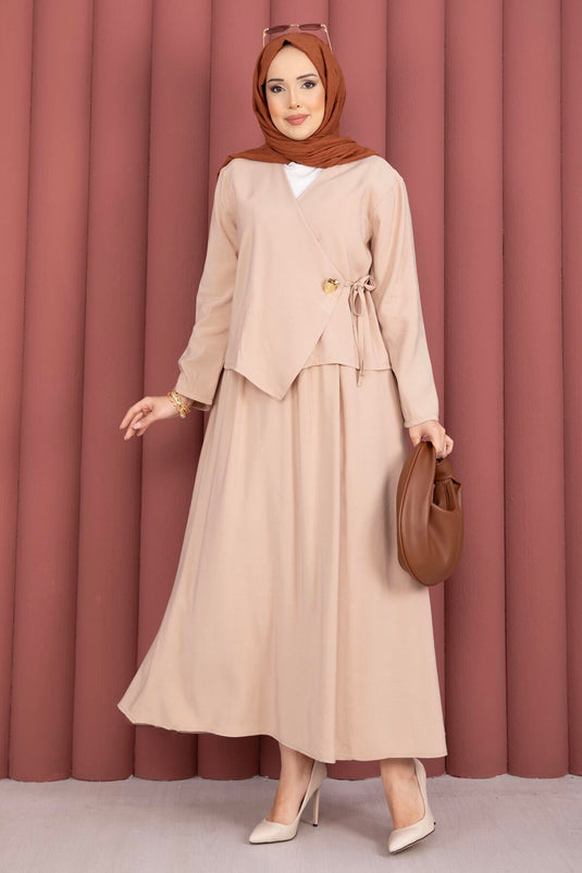 Ensemble deux pièces jupe kimono à nouer sur le côté beige