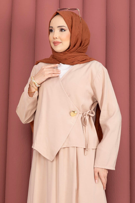 Ensemble deux pièces jupe kimono à nouer sur le côté beige