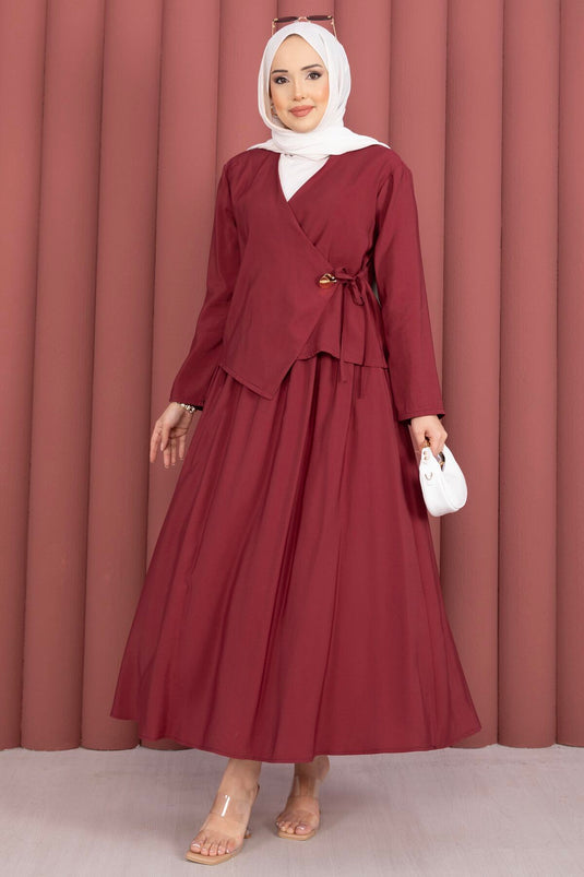 Ensemble Deux Pièces Jupe Kimono à Nouer sur le Côté Bordeaux