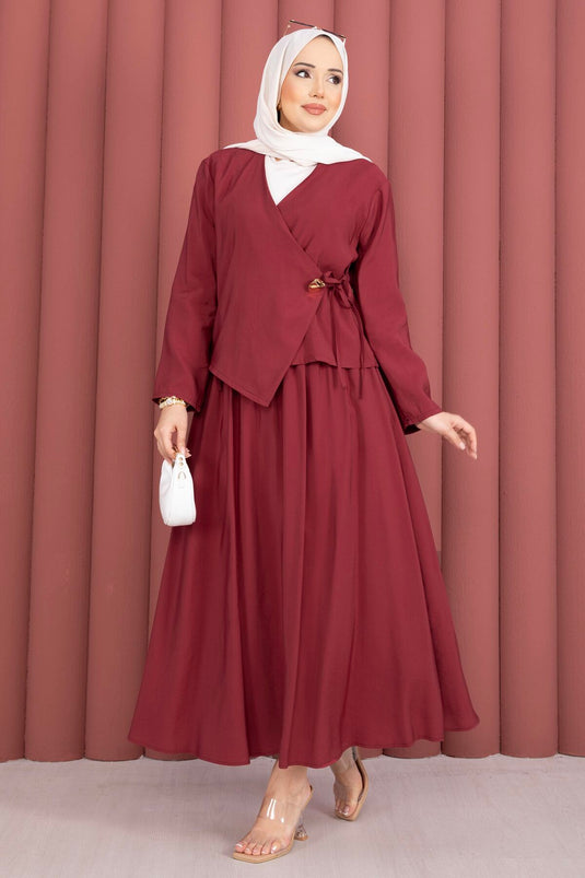 Dubbele set met kimono-rok en zijstrik, bordeaux