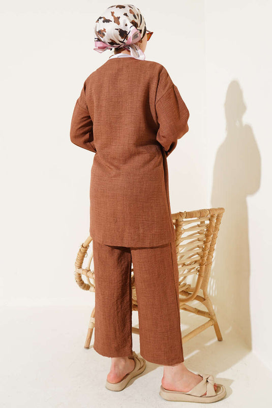 Side Tie Kimono Two Piece Set Brown