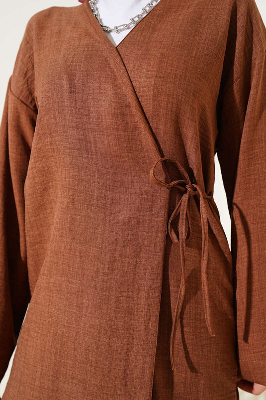 Yandan Bağlamalı Kimono İkili Takım Kahve