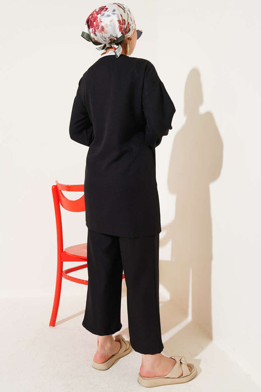 Side Tie Kimono Two Piece Set Black