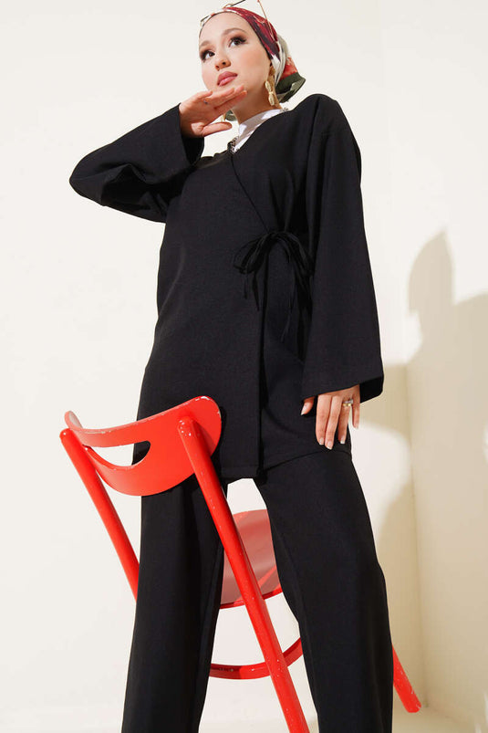 Side Tie Kimono Two Piece Set Black