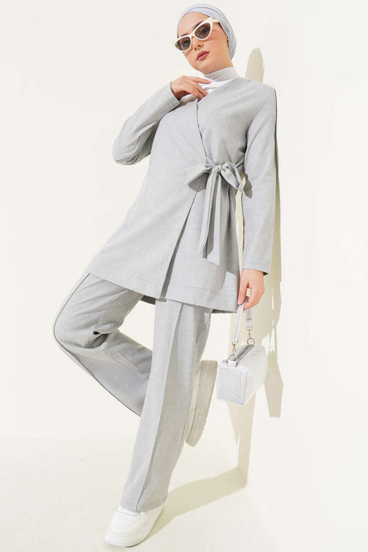 Side Tie Fabric Two Piece Suit Gray