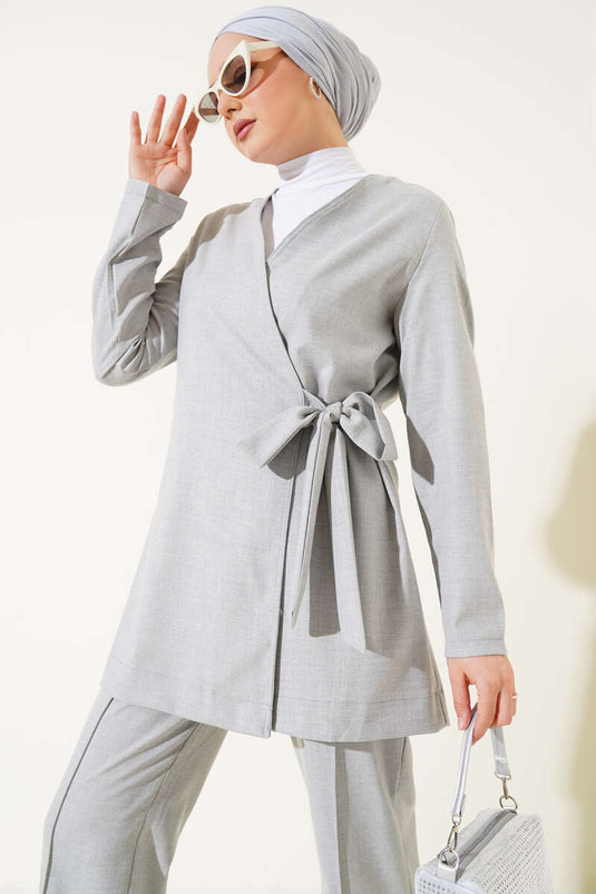 Side Tie Fabric Two Piece Suit Gray