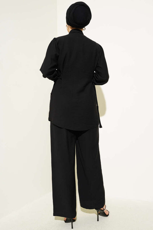 Side Tie Metal Buttoned Two Piece Suit Black