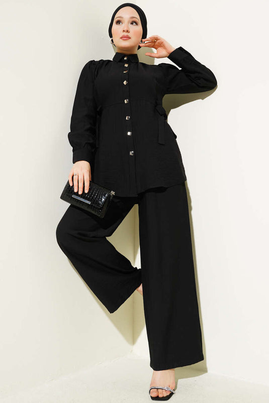 Side Tie Metal Buttoned Two Piece Suit Black