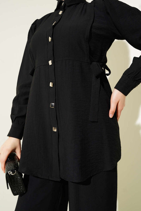 Side Tie Metal Buttoned Two Piece Suit Black