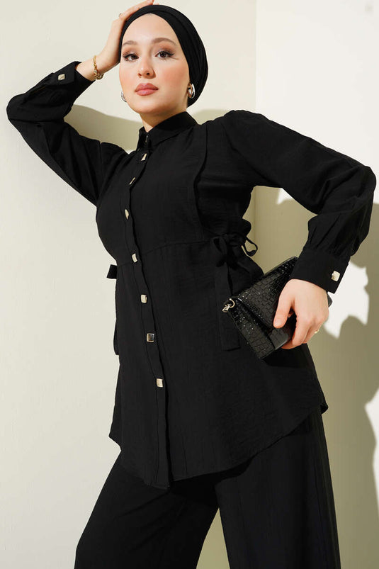 Side Tie Metal Buttoned Two Piece Suit Black