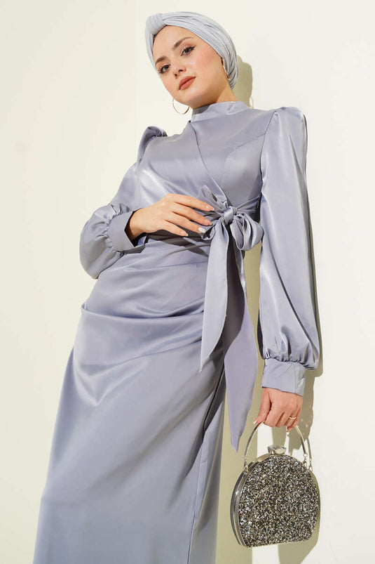 Yandan Bağlamalı Saten Elbise Gri