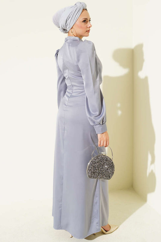 Yandan Bağlamalı Saten Elbise Gri