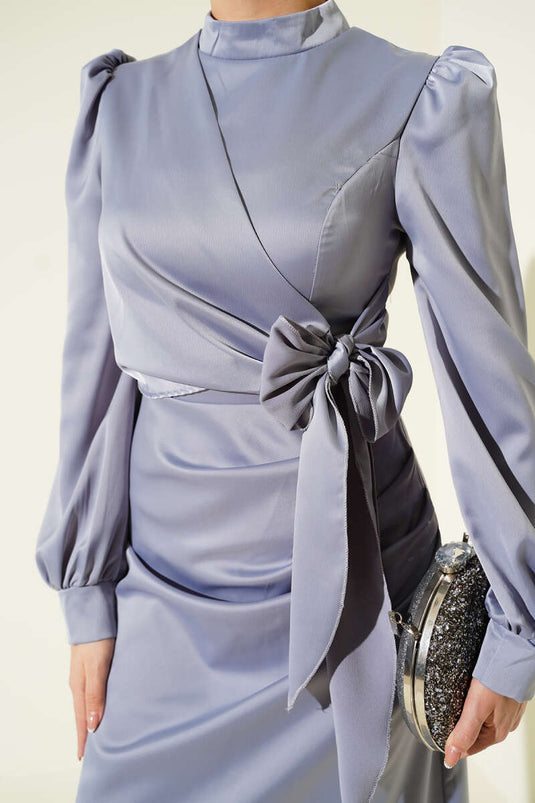 Yandan Bağlamalı Saten Elbise Gri