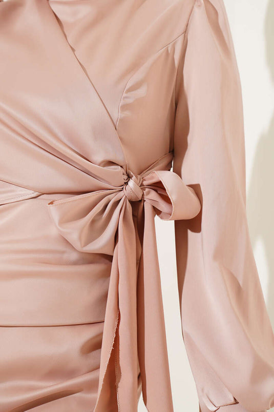 Side Tie Satin Dress Powder