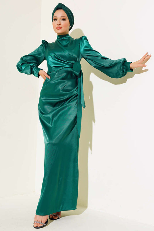Yandan Bağlamalı Saten Elbise Zümrüt