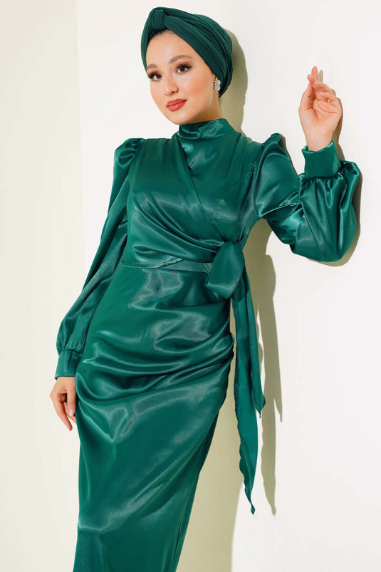 Yandan Bağlamalı Saten Elbise Zümrüt