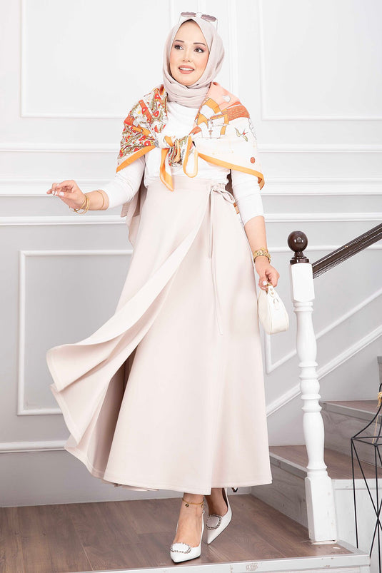 Beige Seitlich Gebundener Scuba Wickelrock