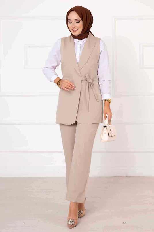 Side Tie Vest Set Beige