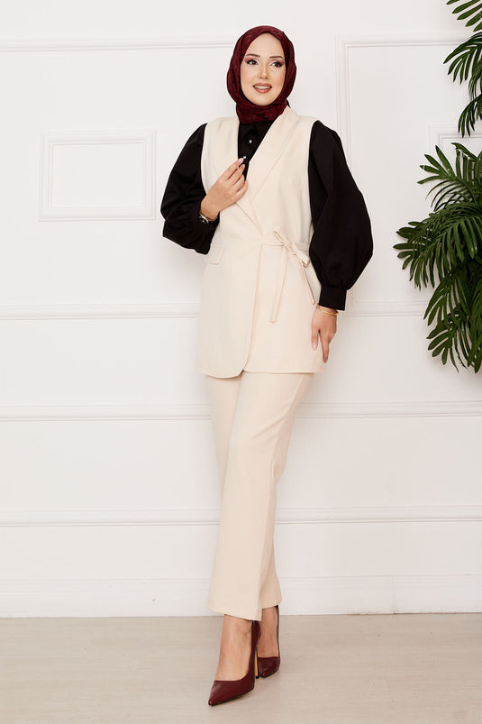 Side Tie Vest Set Cream