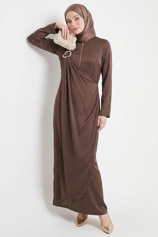 Side-Slit Ruched Dress Brown