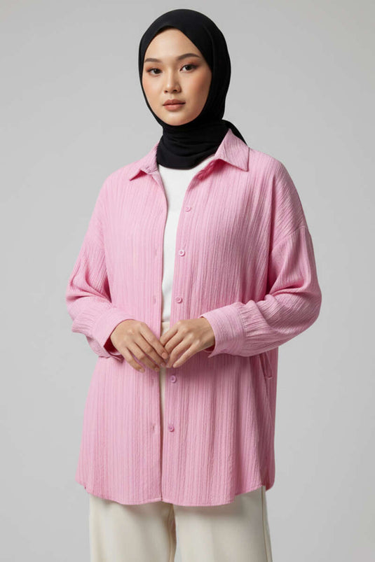 Yandan Büzgülü Krinkıl Gömlek Pembe