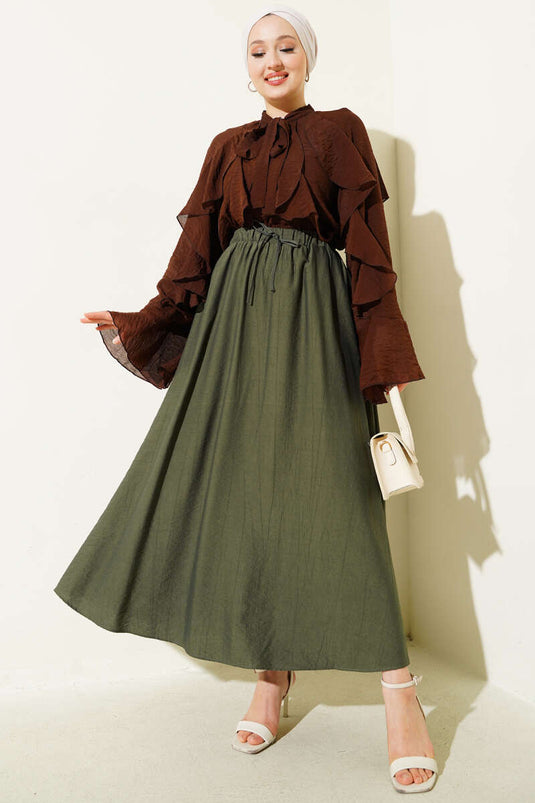 Yandan Cep Detaylı Kloş Etek Haki